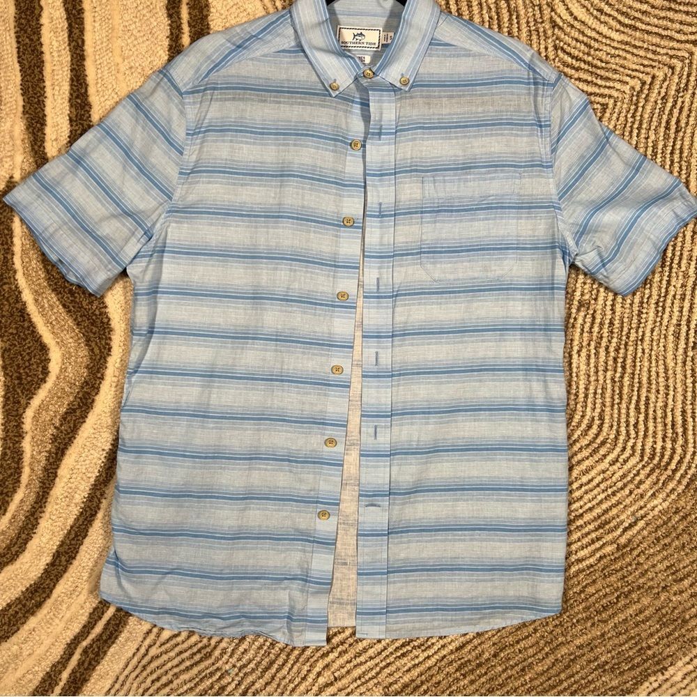 Southern Tide striped casual shirt 🐟 excellent condition 🐟 linen blend 🐟 SM